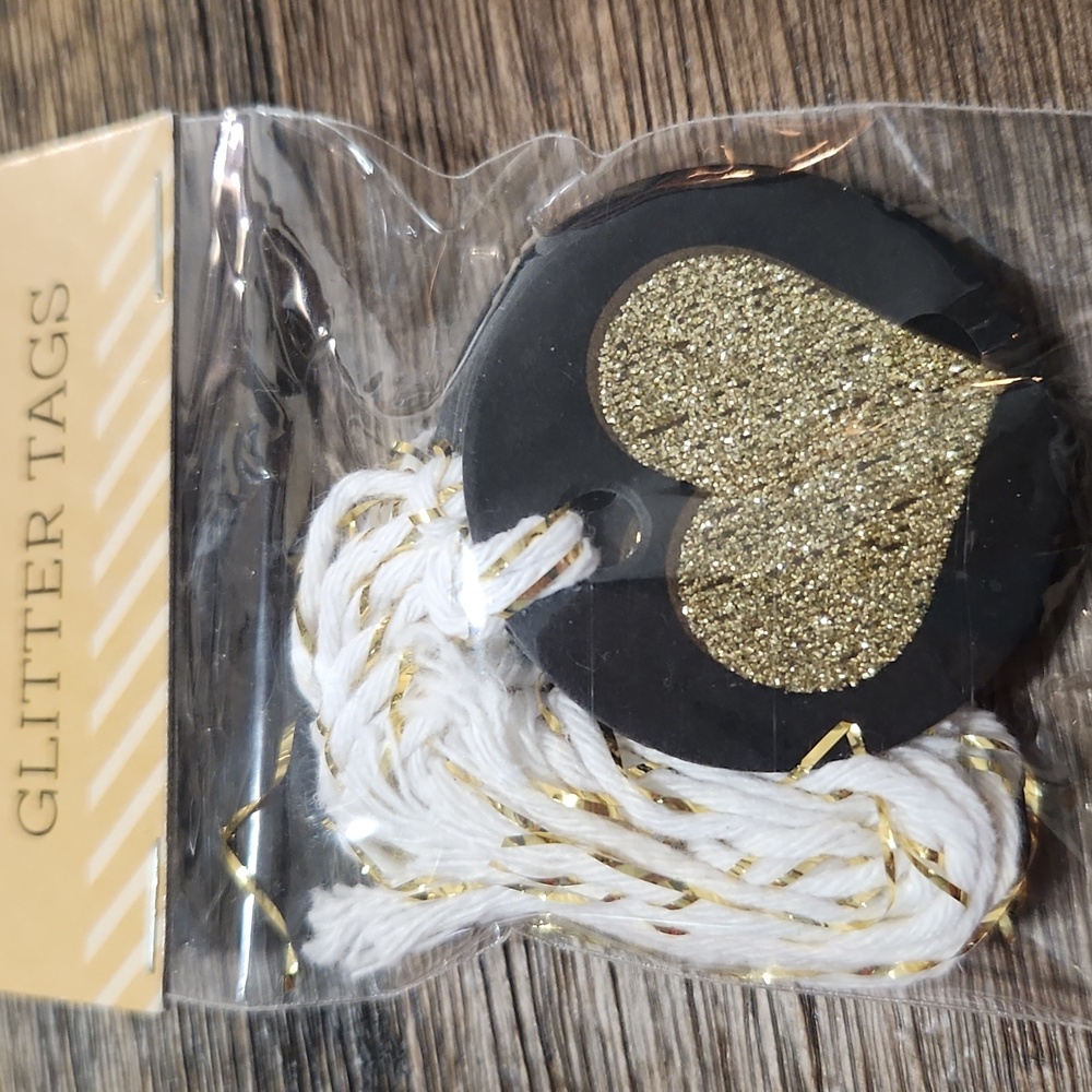 12 pcs Glitter Heart Tags with ties, Black/gold/white, blank backs, Sealed NEW